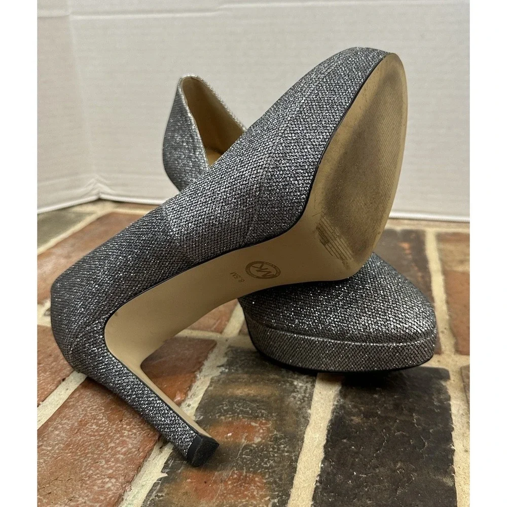 Michael Kors Silver Glitter Chantal Platform Pumps High Heel Shoes Women's 8.5